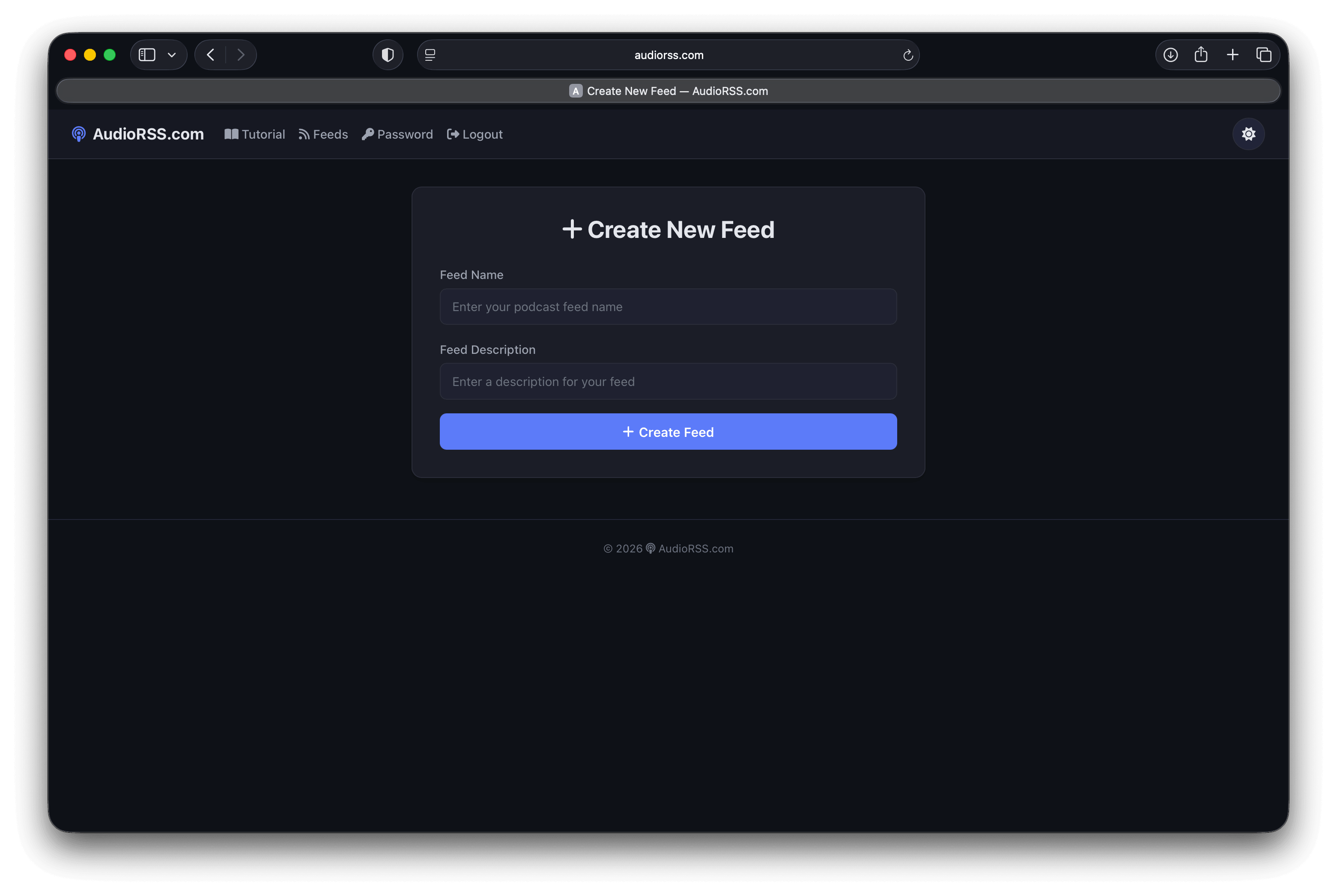 AudioRSS Create New Feed form