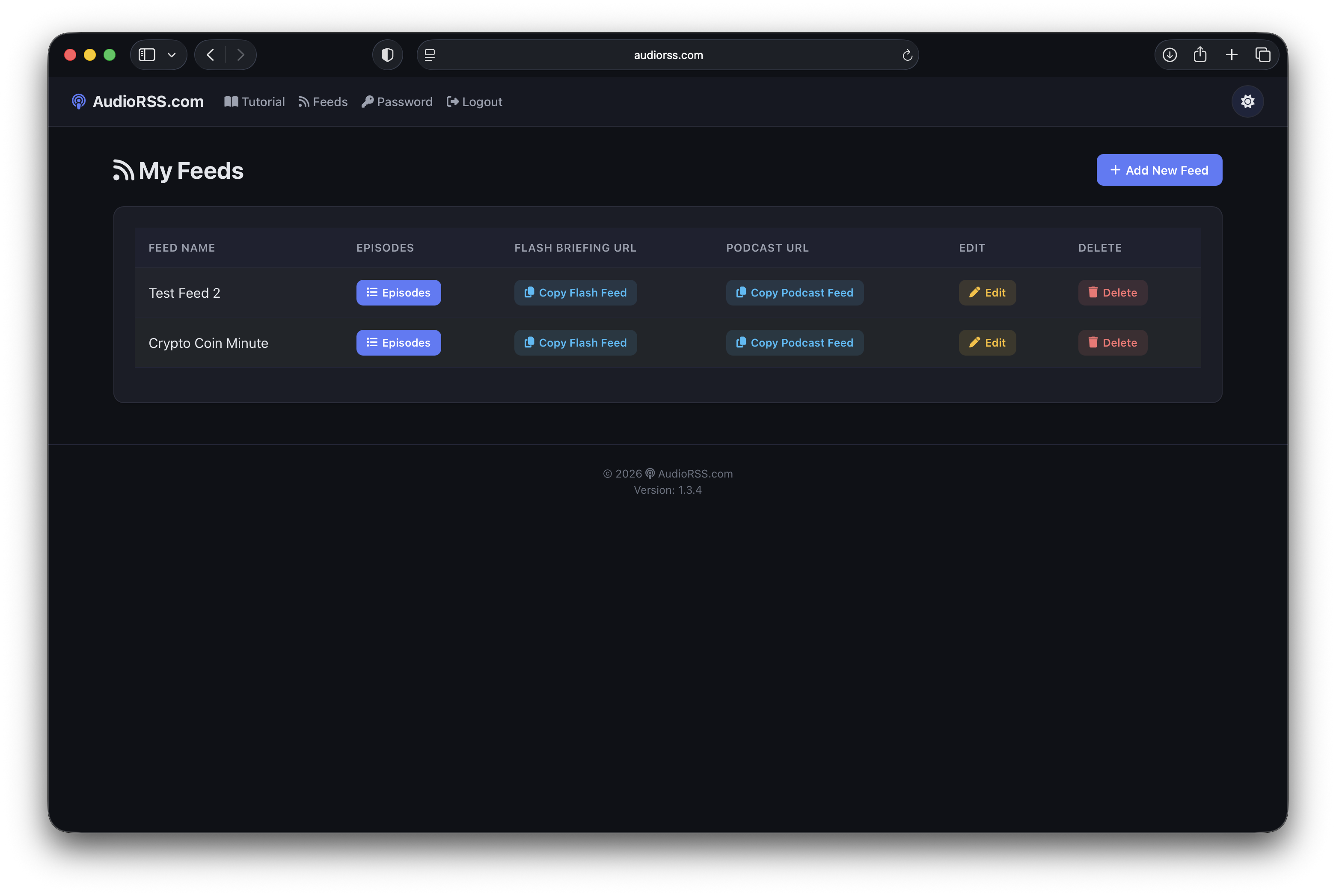AudioRSS My Feeds page