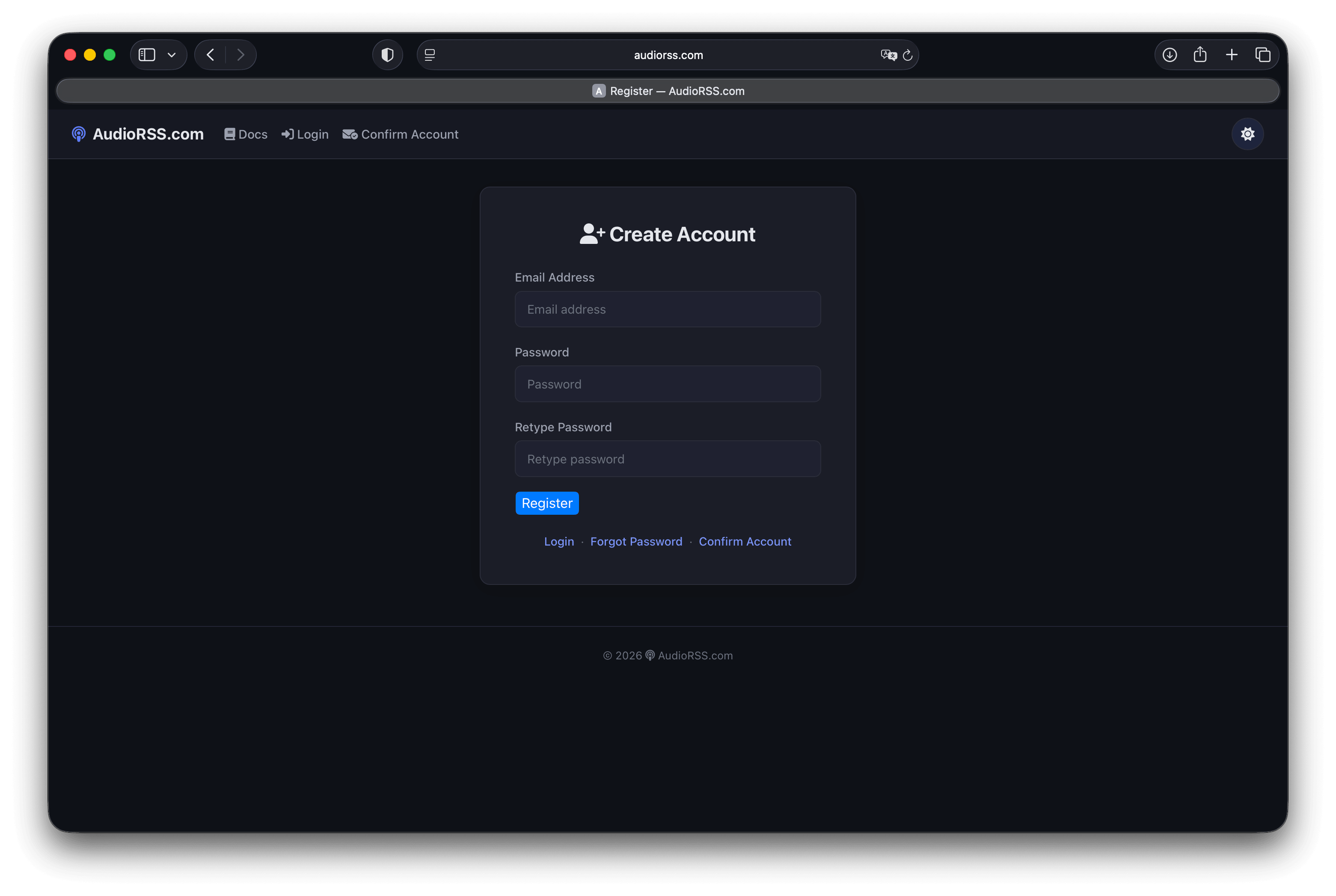 AudioRSS registration page
